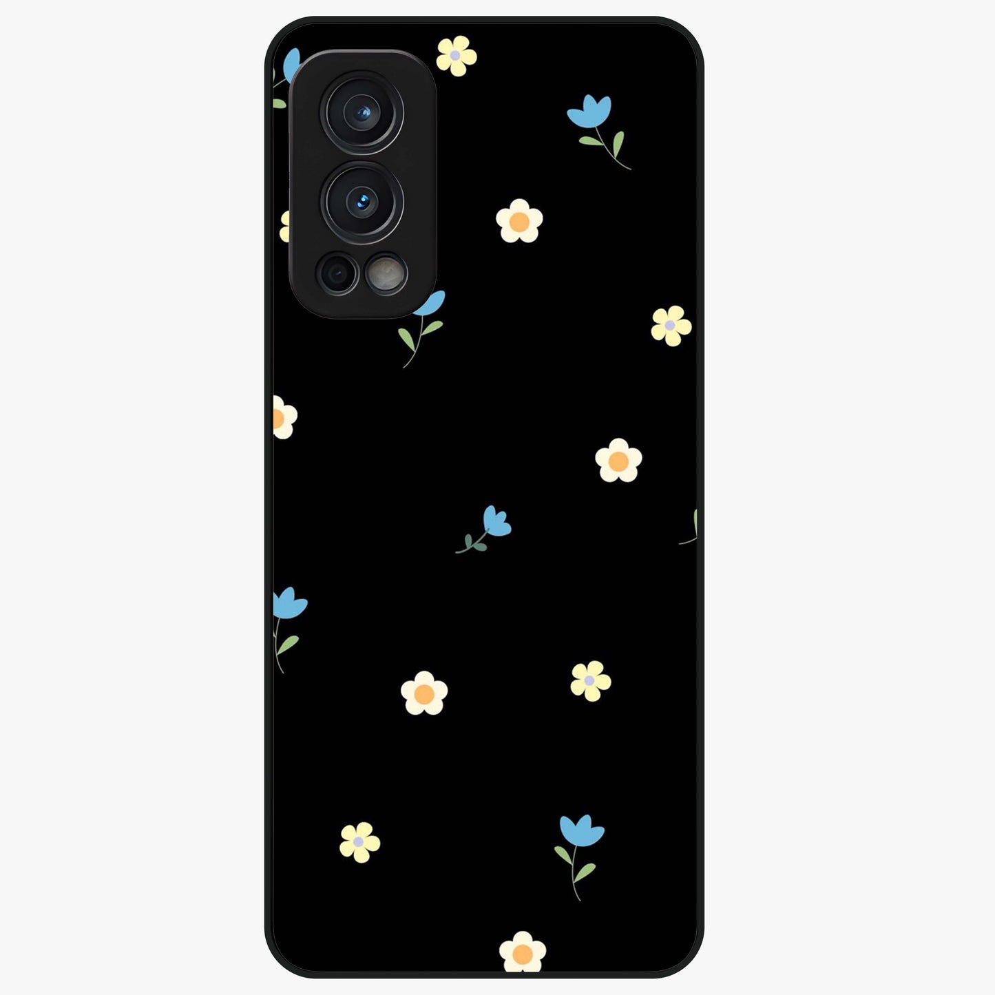 Minimalistic Blue With White Flower Pattern Glass Case showing flat back view with blue background and white flower pattern and glossy glass finish.
