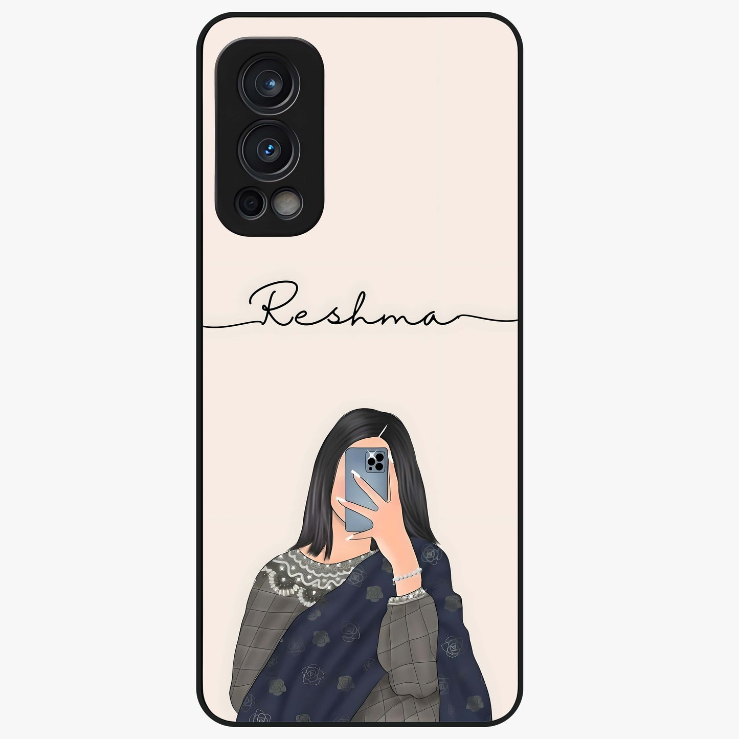 Mirror Mood Muse With Custom Name Glass Case showing flat back view with stylish mirrored artwork and personalized name design.