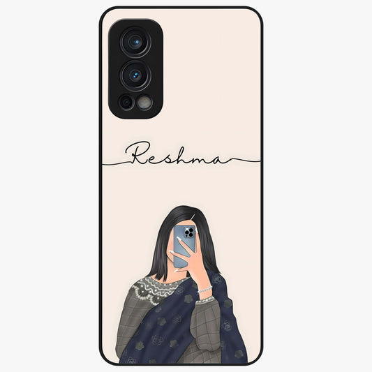 Mirror Mood Muse With Custom Name Glass Case showing flat back view with stylish mirrored artwork and personalized name design.
