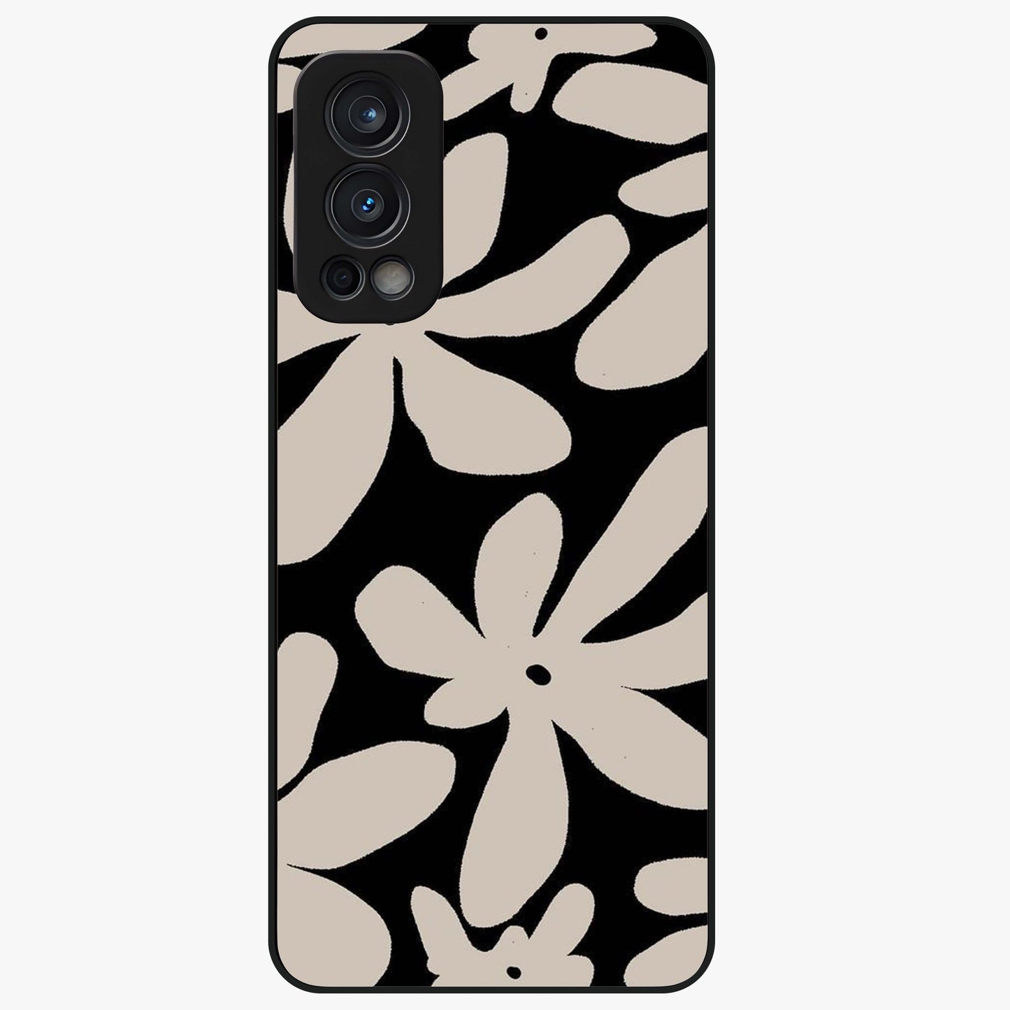 Monochrome Petal Dance Glass Case showing flat back view with monochrome floral artwork and glossy glass finish.