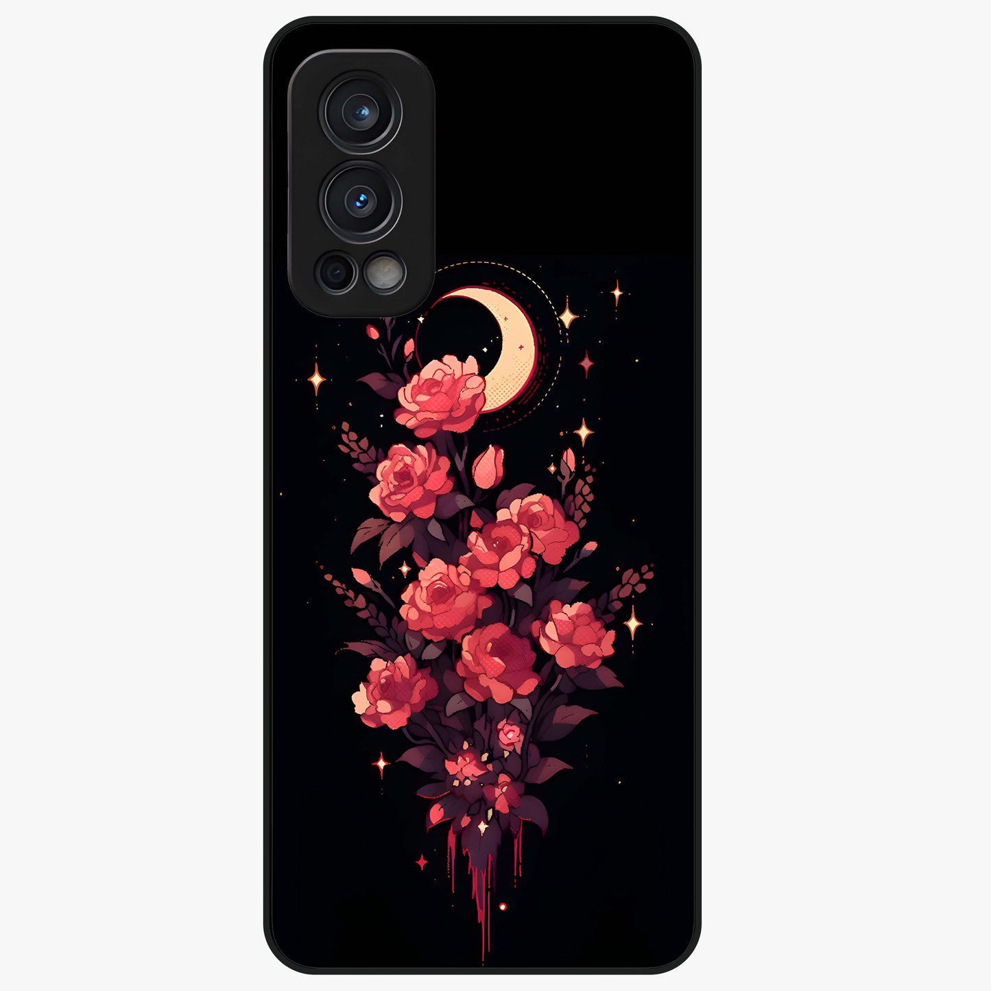 Moonlit Floral Elegance Glass Case showing flat back view with elegant floral artwork under moonlit tones and glossy glass finish.