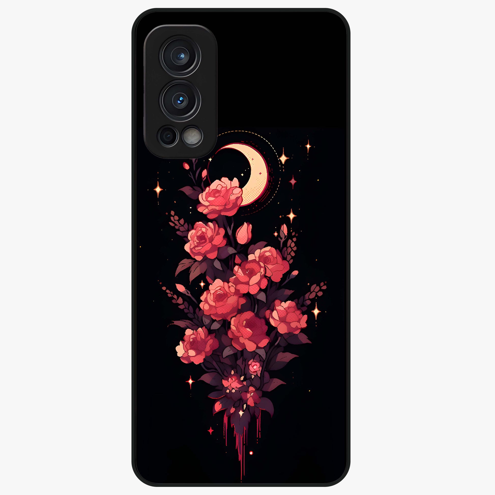 Moonlit Floral Elegance Glass Case showing flat back view with elegant floral artwork under moonlit tones and glossy glass finish.