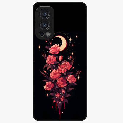Moonlit Floral Elegance Glass Case showing flat back view with elegant floral artwork under moonlit tones and glossy glass finish.