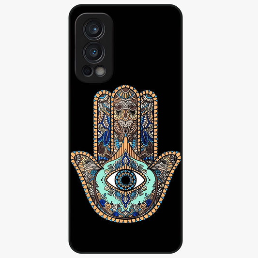 Mystic Hamsa Eye Glass Case showing flat back view with protective hamsa hand and evil eye artwork and glossy glass finish.