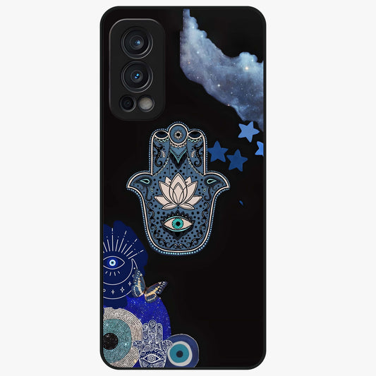 Mystic Hand Aura Glass Case showing flat back view with mystical hand symbol artwork and glossy glass finish.