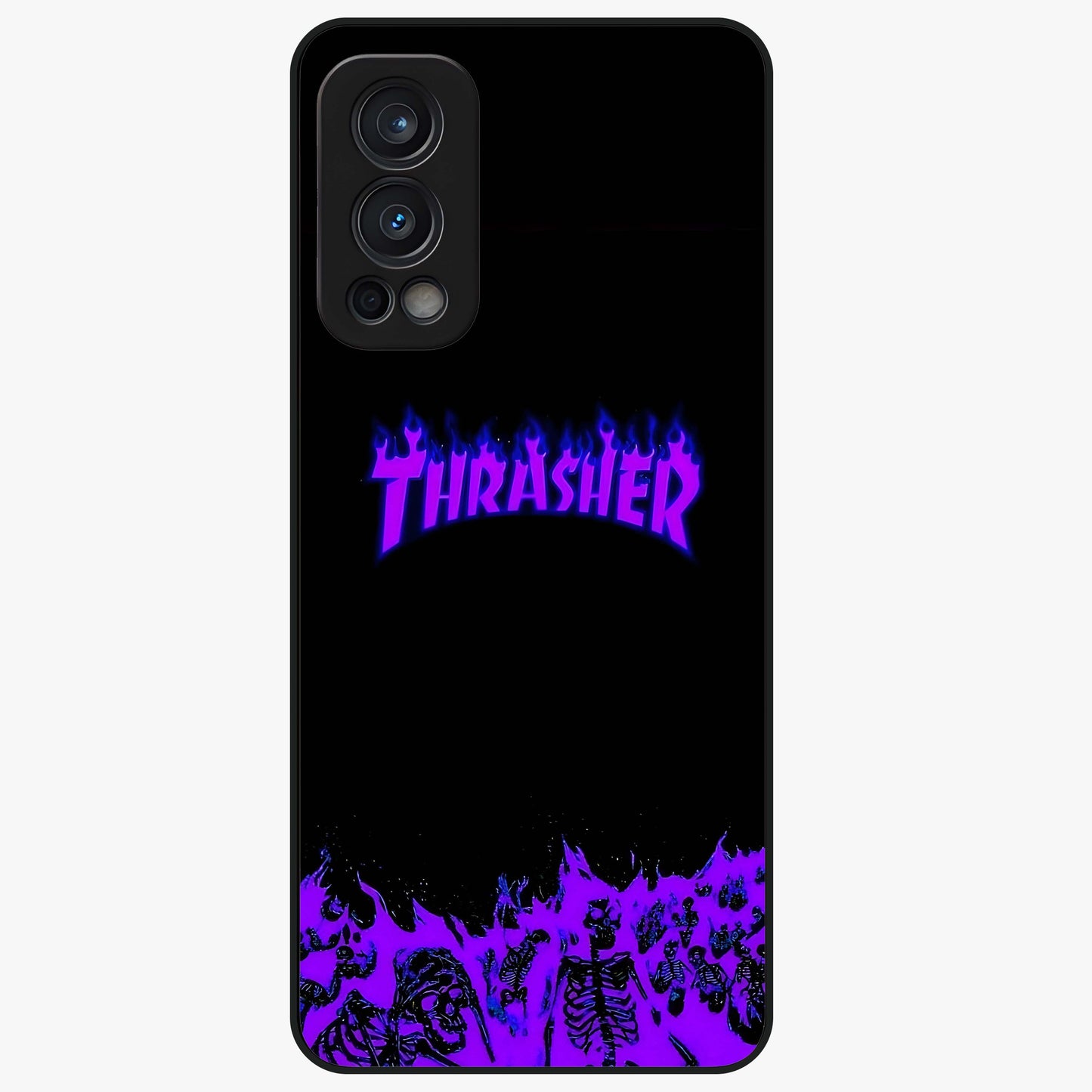 Neon Flame Riot Glass Case showing flat back view with neon flame artwork and glossy glass finish.