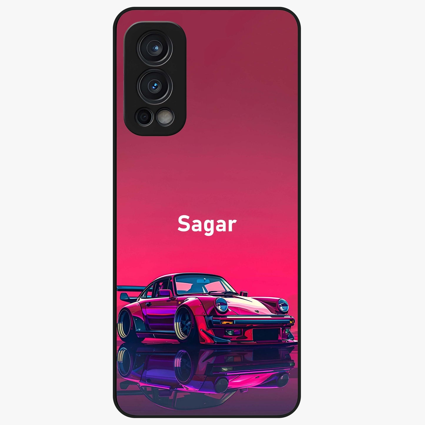 Neon Pink Porsche Glass Case showing flat back view with stylish sports car artwork and glossy glass finish.