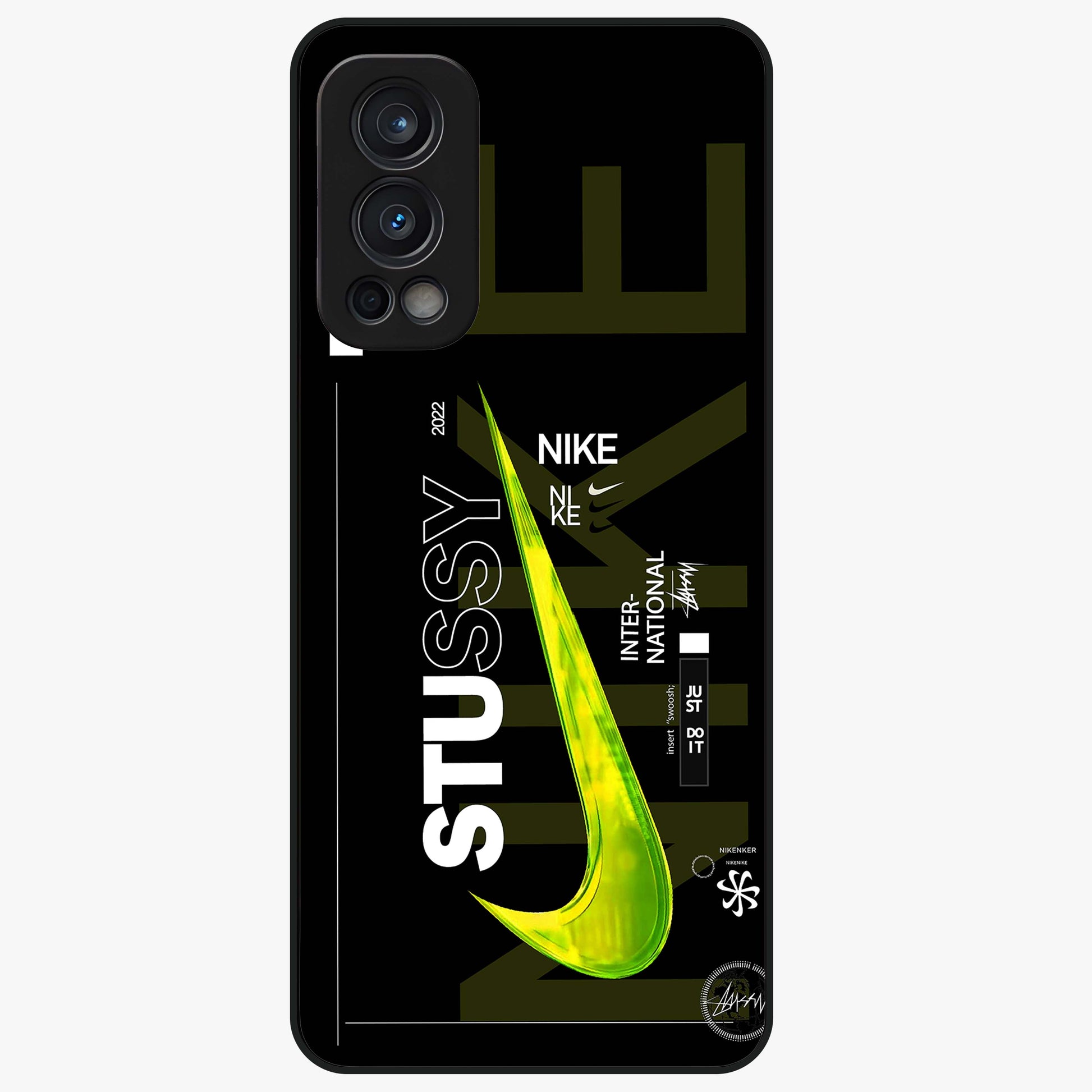 Neon Street Edition Glass Case showing flat back view with neon street style artwork and glossy glass finish.