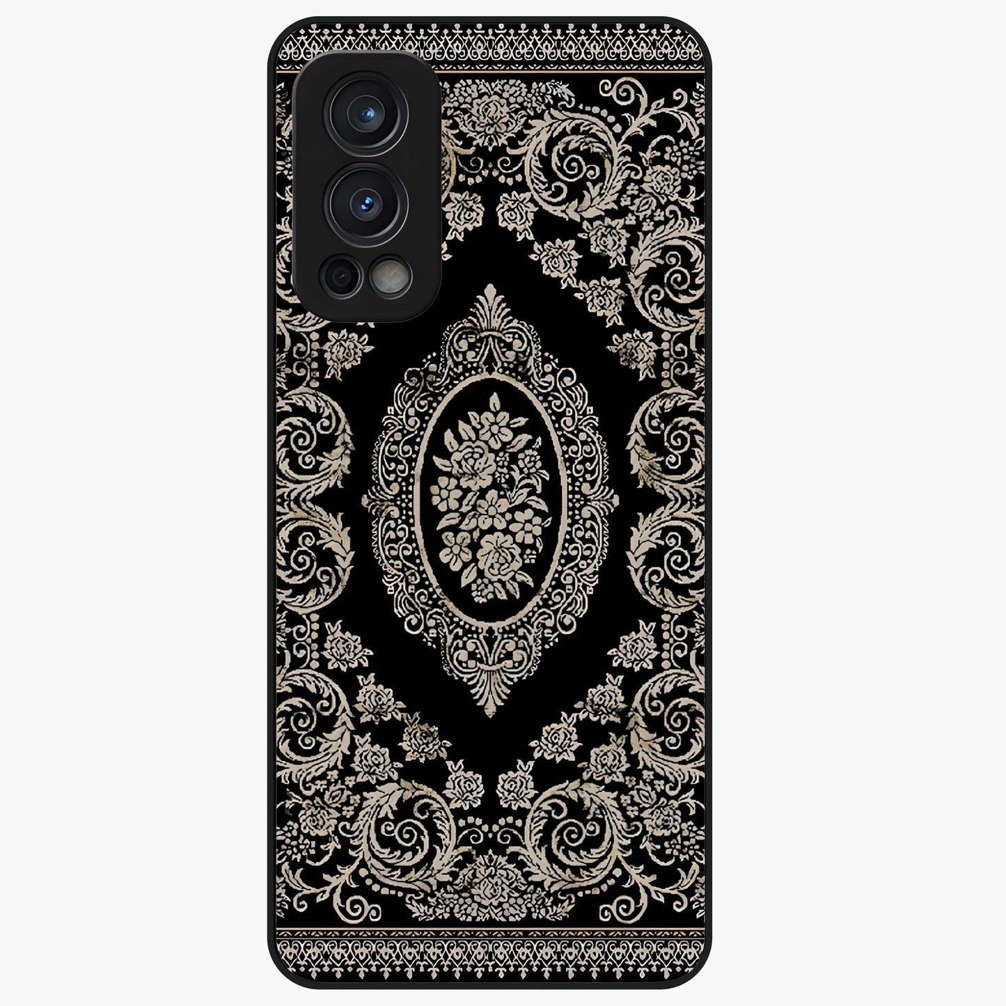 Noir Bloom Elegance Glass Case showing flat back view with elegant dark floral artwork and glossy glass finish.
