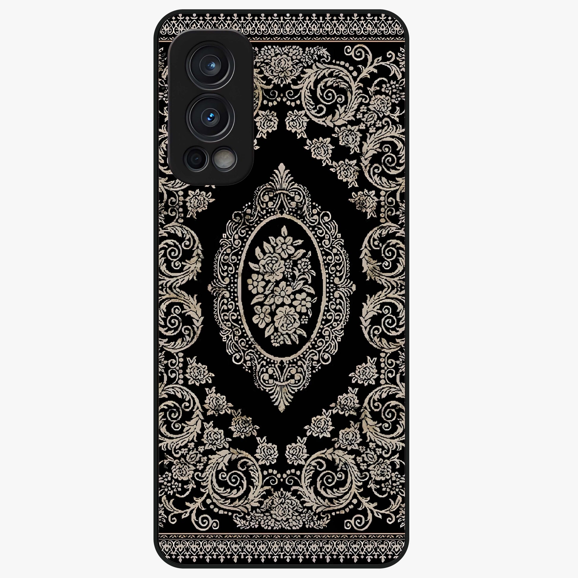 Noir Bloom Elegance Glass Case showing flat back view with elegant dark floral artwork and glossy glass finish.