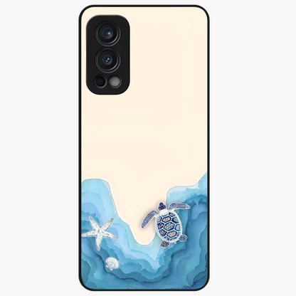 Ocean Drift Turtle Glass Case showing flat back view with sea turtle artwork and glossy glass finish.