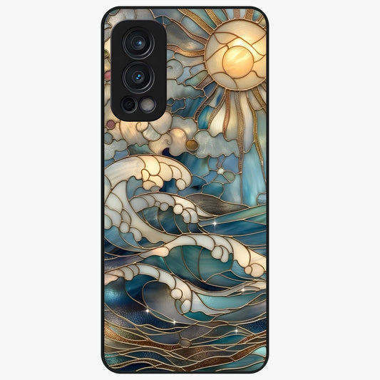Oceanic Stained Printed Glass Case showing flat back view with ocean inspired stained pattern artwork and glossy glass finish.