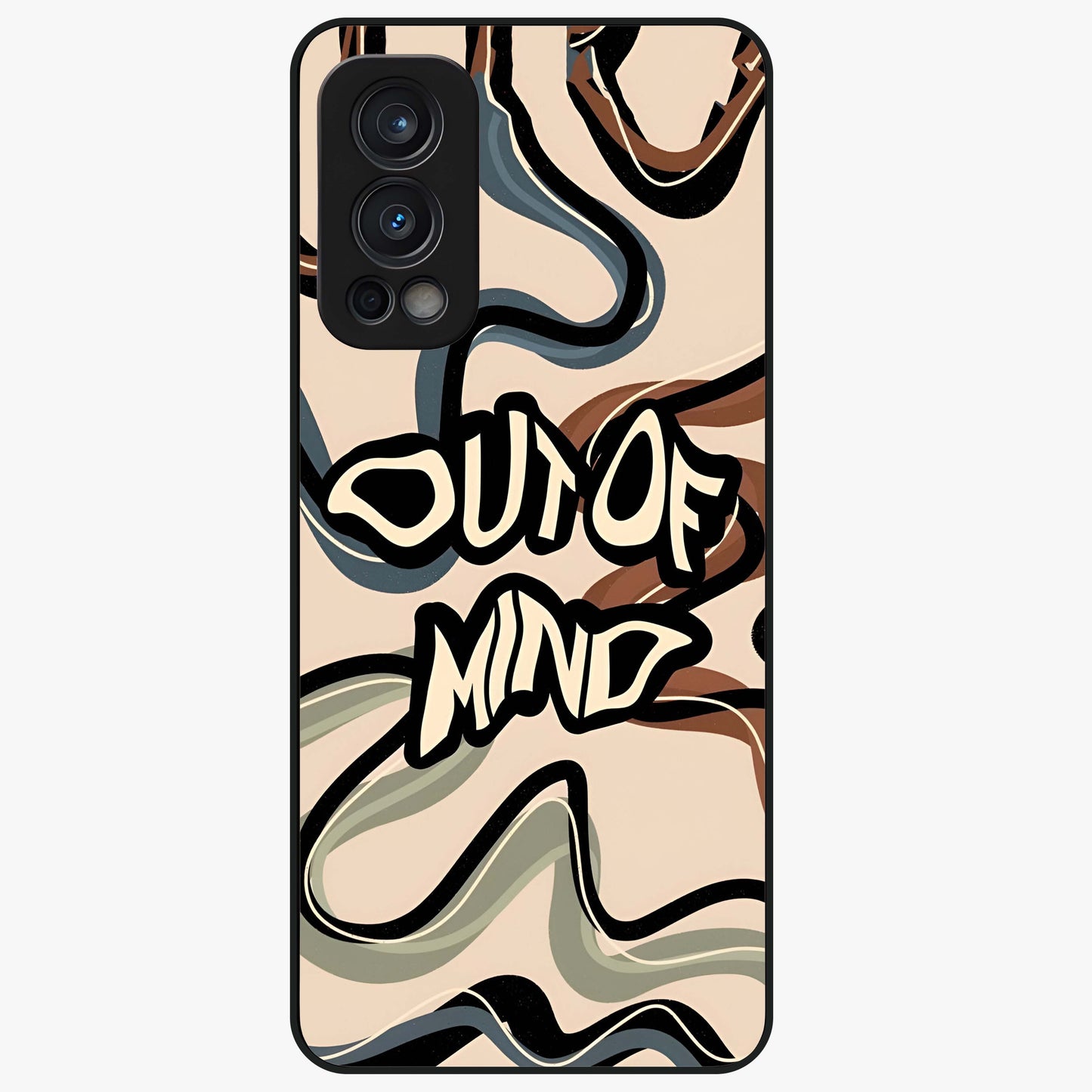 Out Of Mind Glass Case showing flat back view with expressive typography artwork and glossy glass finish.