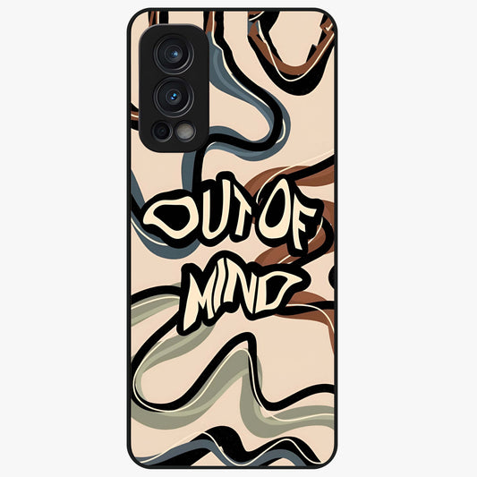 Out Of Mind Glass Case showing flat back view with expressive typography artwork and glossy glass finish.