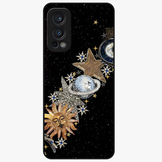 Pearls Universe Object Glass Case showing flat back view with pearl inspired cosmic artwork and glossy glass finish.