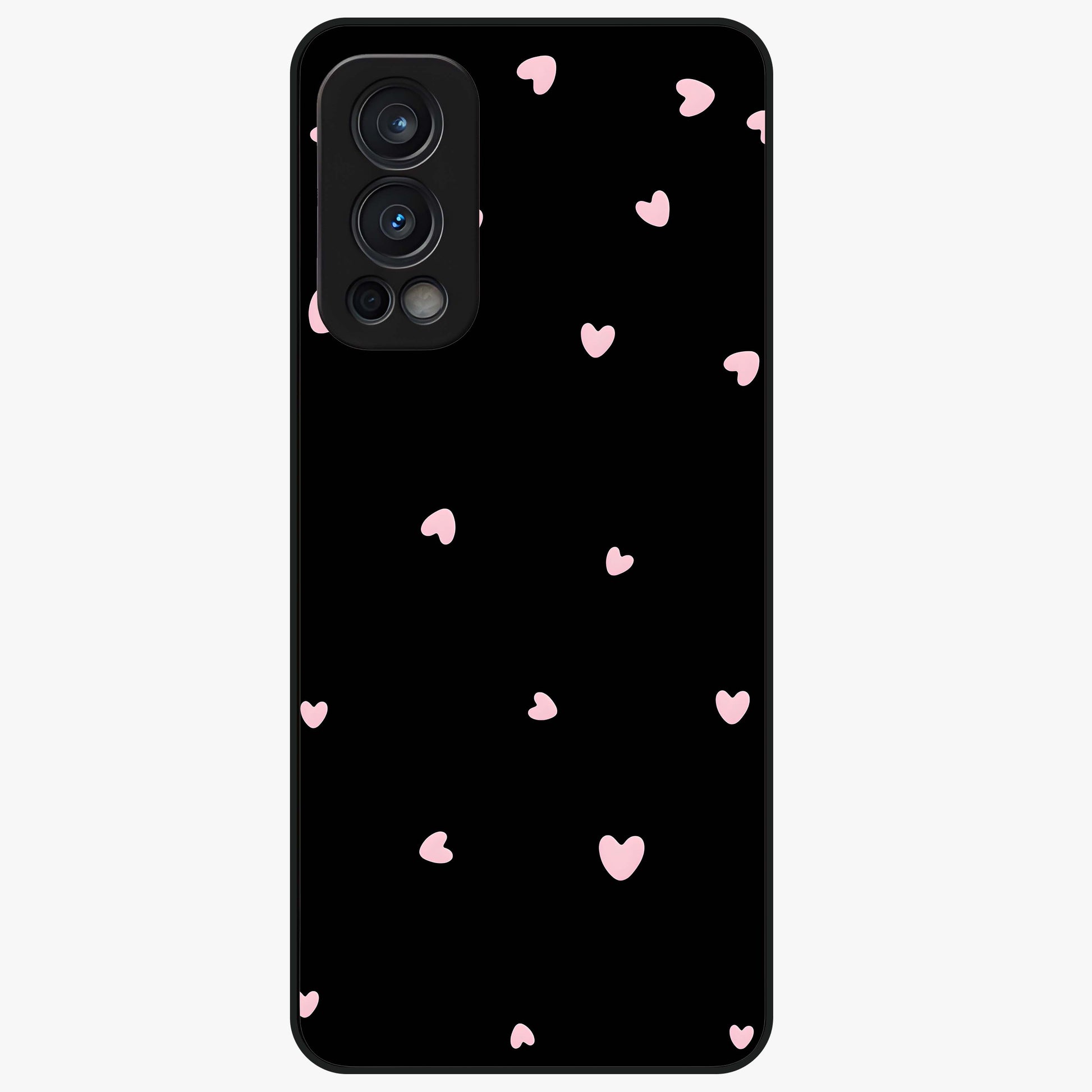 Pink Love Drops Glass Case showing flat back view with playful pink heart drops artwork and glossy glass finish.