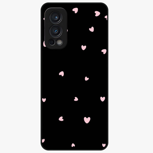 Pink Love Drops Glass Case showing flat back view with playful pink heart drops artwork and glossy glass finish.