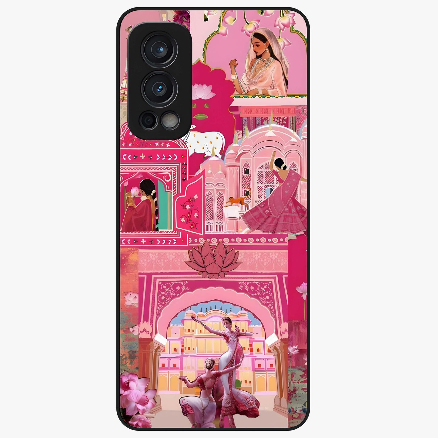 Pink Palace Muse Glass Case showing flat back view with elegant palace inspired artwork and glossy glass finish.