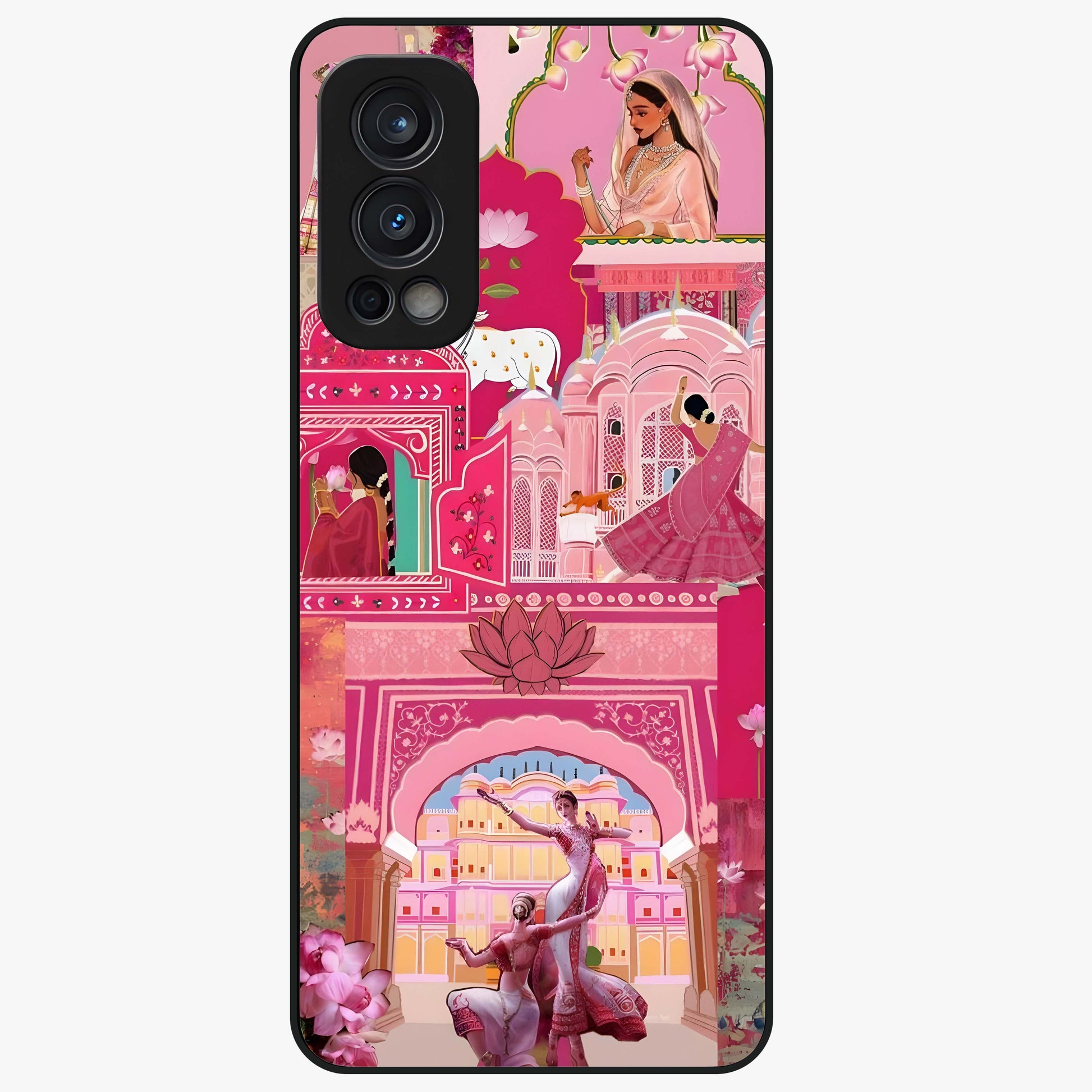 Pink Palace Muse Glass Case showing flat back view with elegant palace inspired artwork and glossy glass finish.