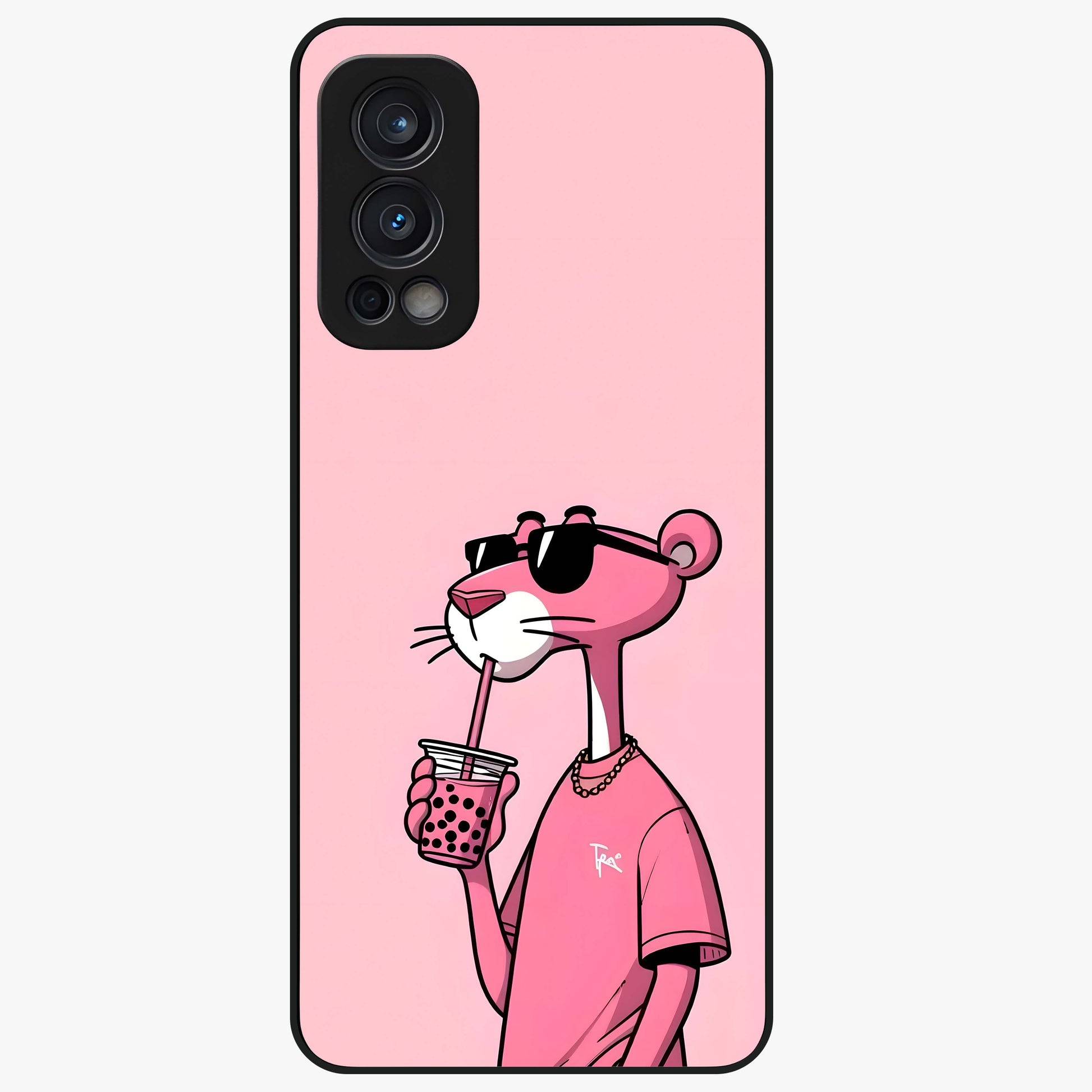 Pink Panther Glass Case showing flat back view with iconic pink panther artwork and glossy glass finish.