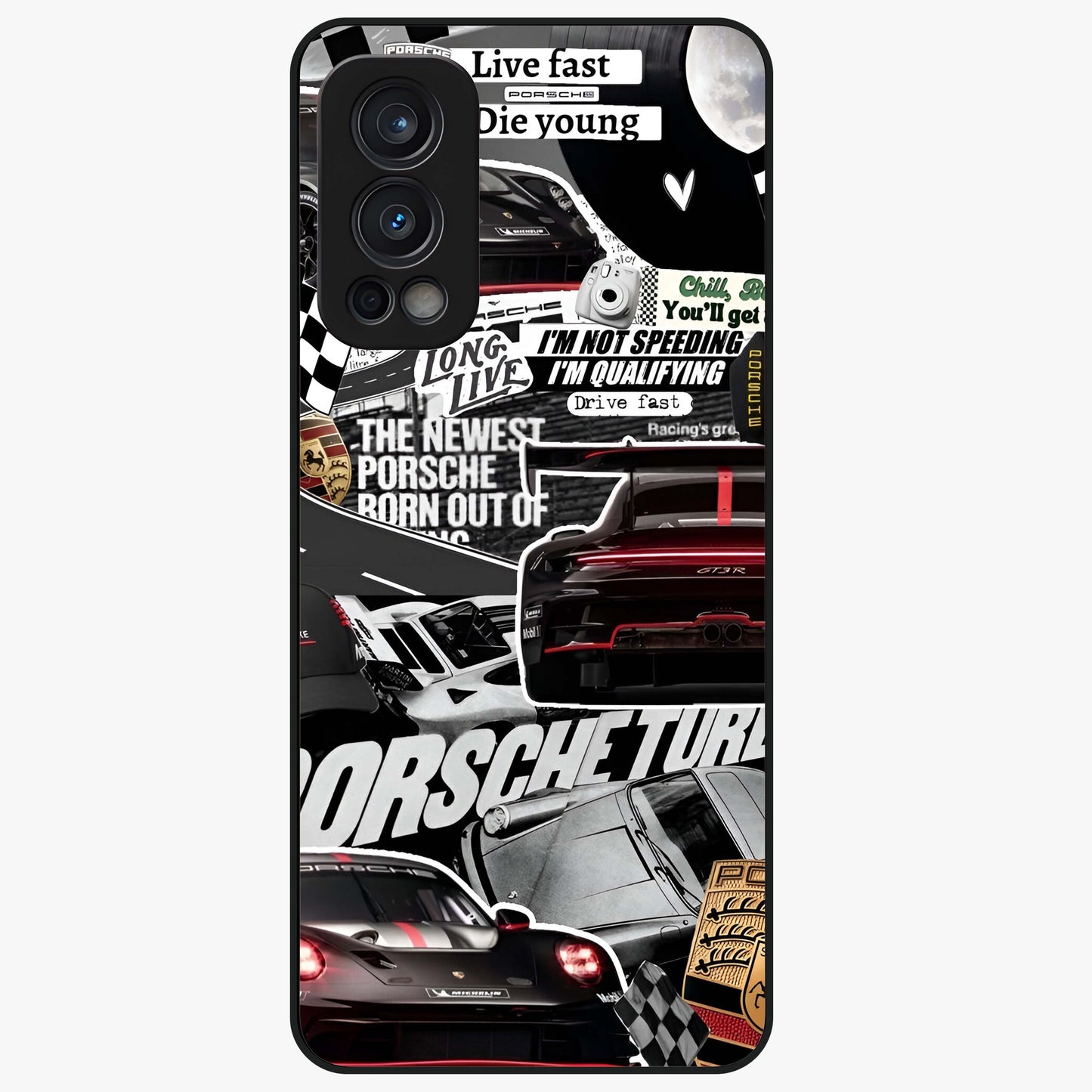 Porsche Racing Collage Glass Case showing flat back view with sports car racing collage artwork and glossy glass finish.