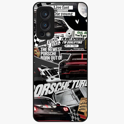 Porsche Racing Collage Glass Case showing flat back view with sports car racing collage artwork and glossy glass finish.