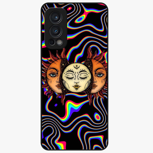 Psychedelic Sun Glass Case showing flat back view with colorful psychedelic sun artwork and glossy glass finish.