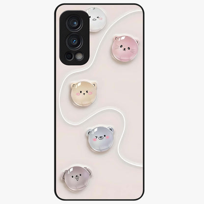 Puffy Face Parade Glass Case showing flat back view with cute puffy character faces artwork and glossy glass finish.