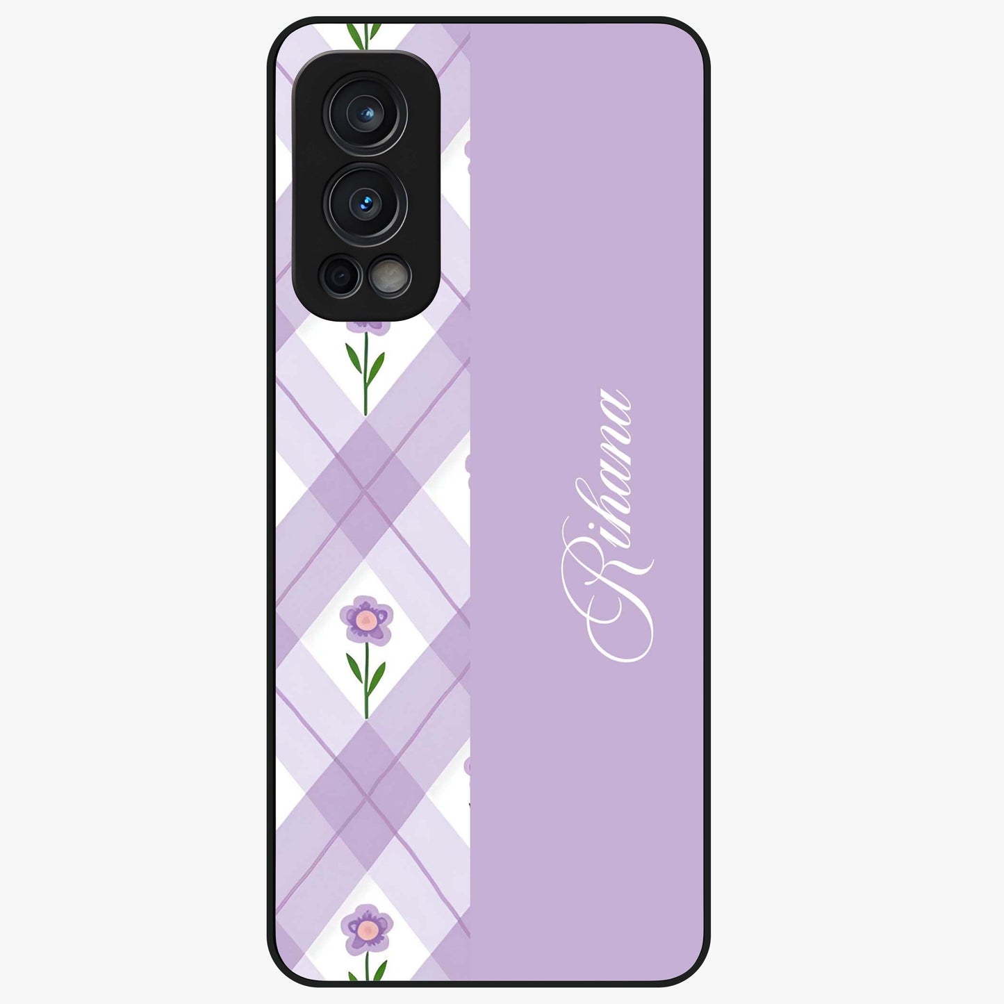 Purple Diamond Floral Glass Case showing flat back view with diamond shaped floral artwork and glossy glass finish.