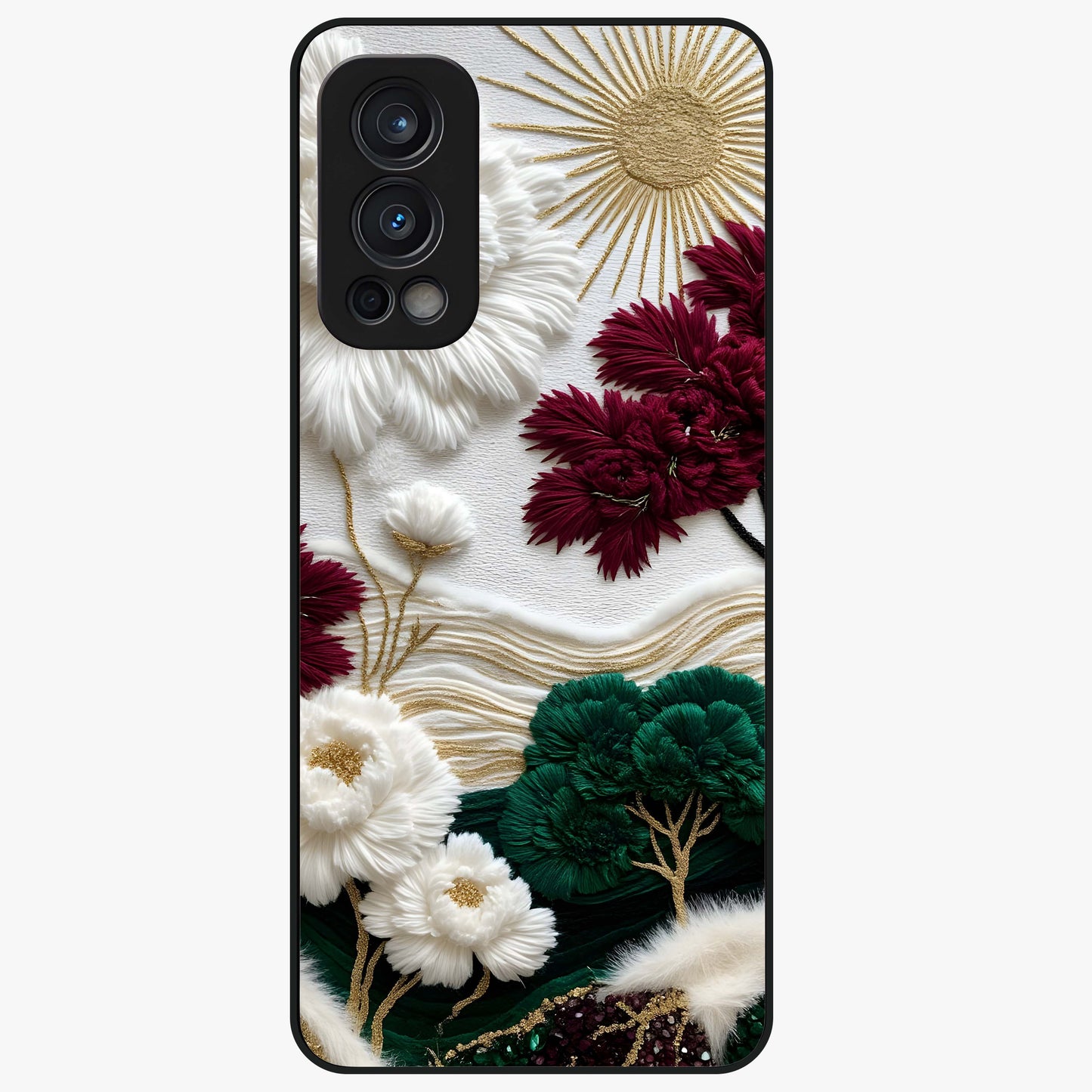 Radiant Bloom Elegance Glass Case showing flat back view with elegant blooming flower artwork and glossy glass finish.