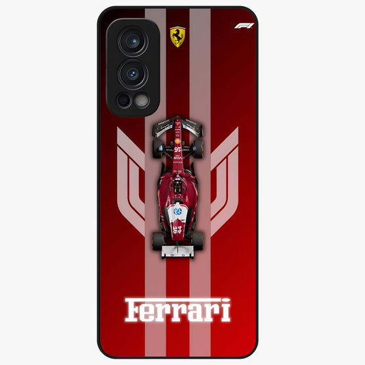 Red Ferrari F1 Vertical Glass Case showing flat back view with sleek Formula racing car artwork and glossy glass finish.