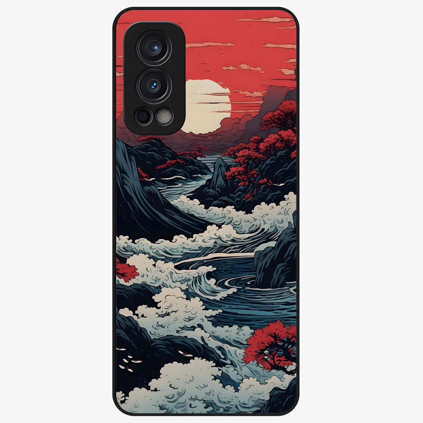Red Sunset Scenery Glass Case showing flat back view with vibrant sunset landscape artwork and glossy glass finish.