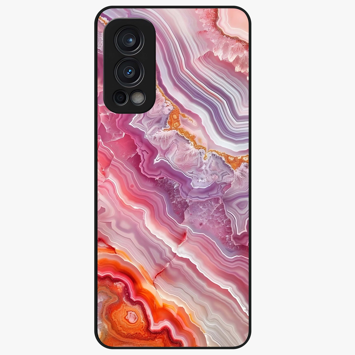 Rose Quartz Marble Glass Case showing flat back view with pink marble quartz texture artwork and glossy glass finish.