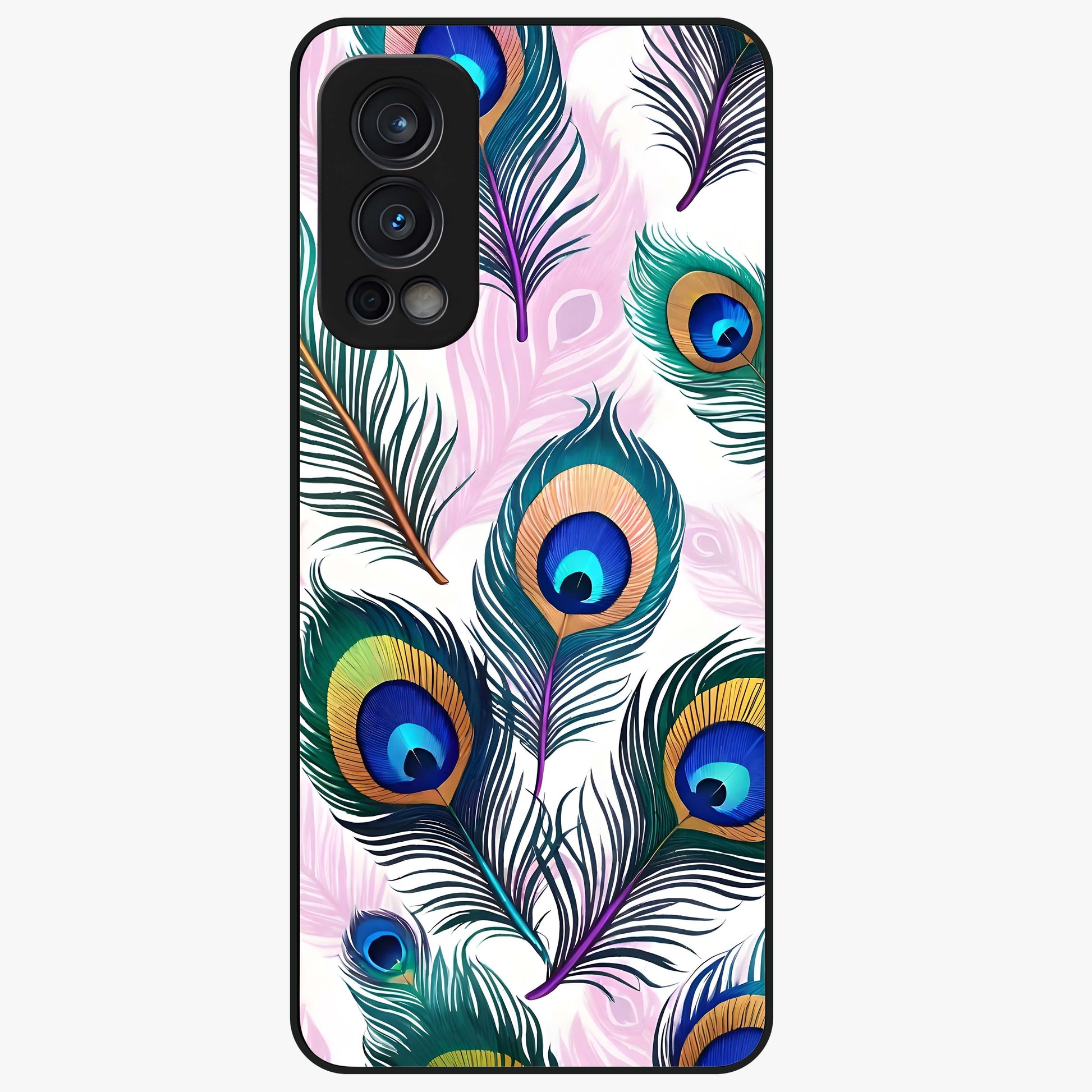 Royal Peacock Feathers Glass Case showing flat back view with colorful peacock feather artwork and glossy glass finish.