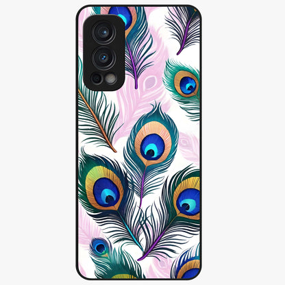 Royal Peacock Feathers Glass Case showing flat back view with colorful peacock feather artwork and glossy glass finish.