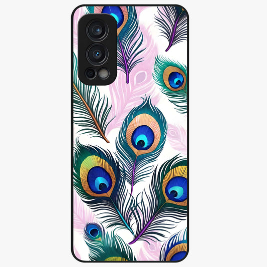 Royal Peacock Feathers Glass Case showing flat back view with colorful peacock feather artwork and glossy glass finish.