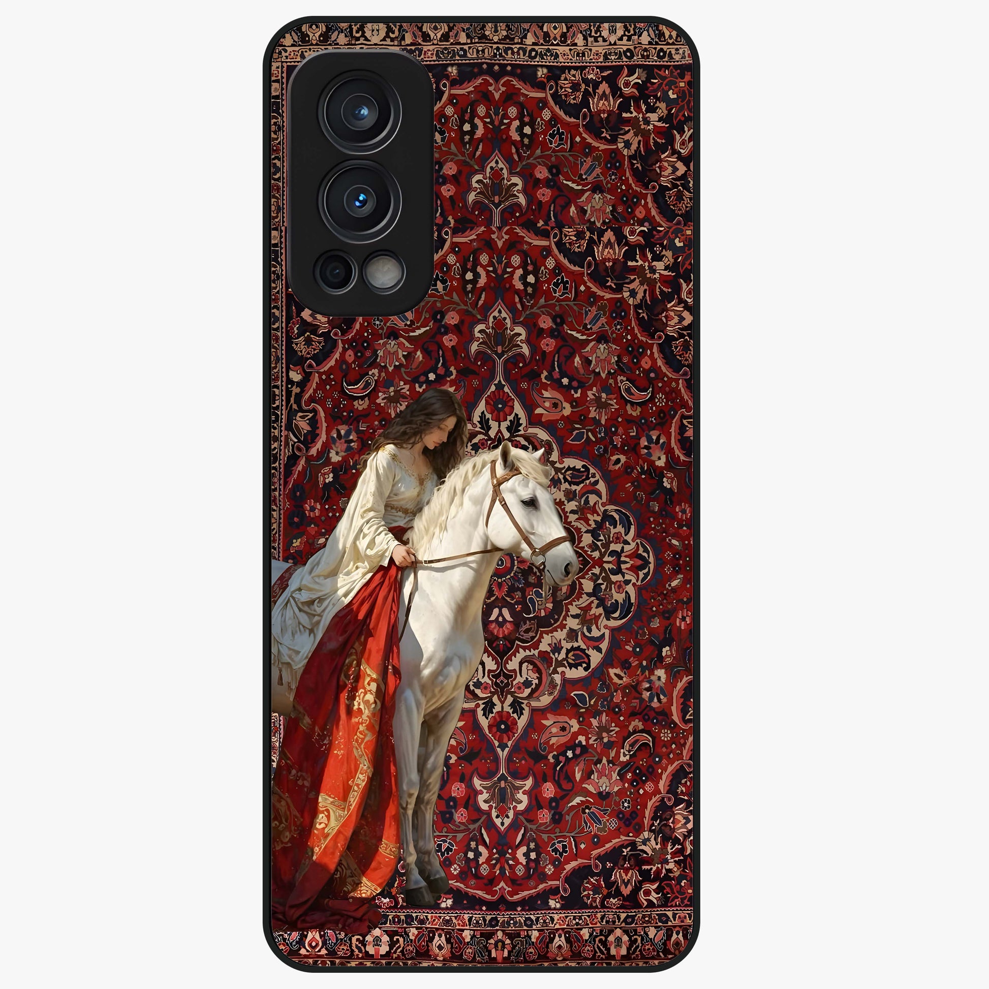 Royal Rider Tapestry Glass Case showing flat back view with majestic horse rider tapestry artwork and glossy glass finish.