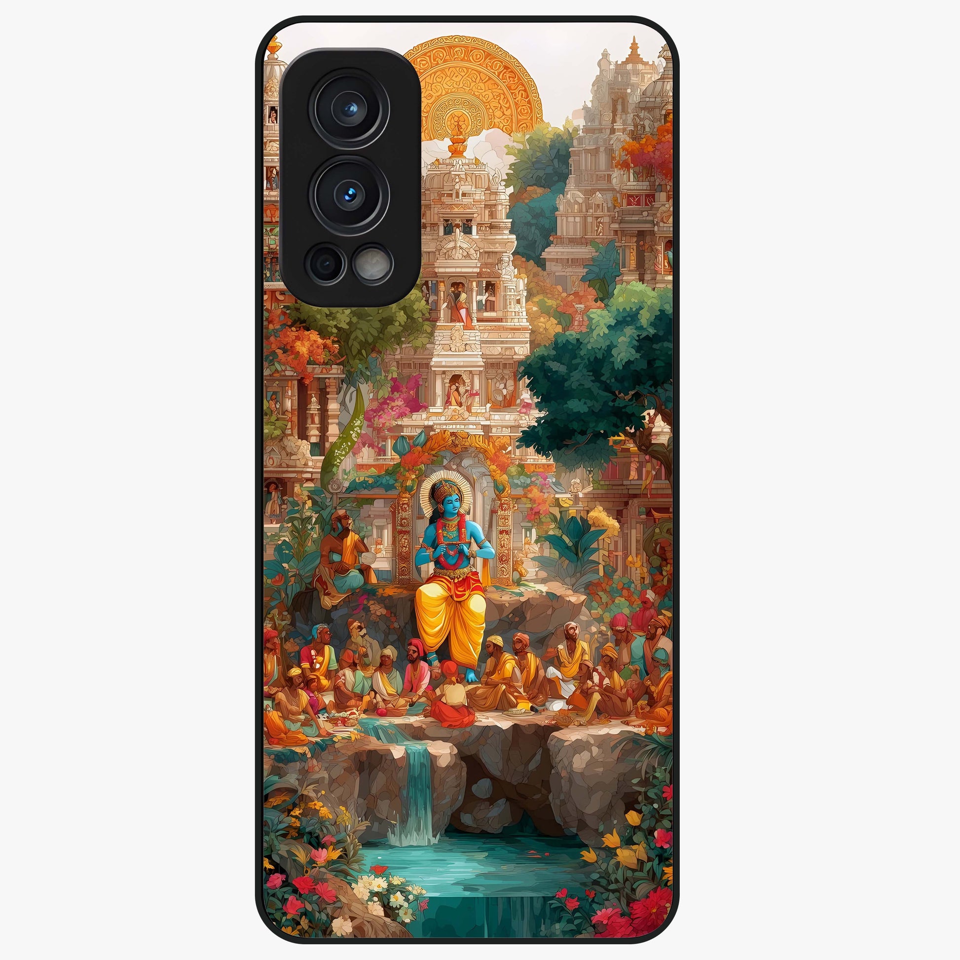 Sacred Sunlight Gods Glass Case showing flat back view with divine sunlight themed artwork and glossy glass finish.