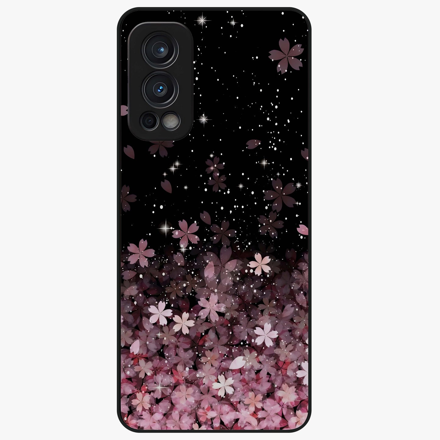 Small Starry Flowers Glass Case showing flat back view with delicate starry floral artwork and glossy glass finish.