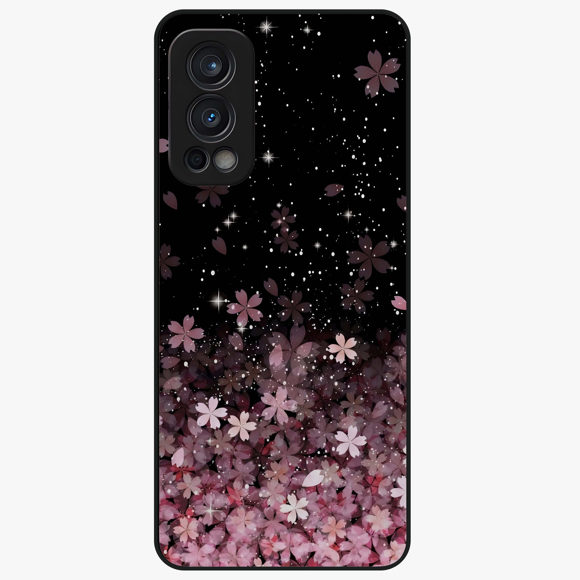 Small Starry Flowers Glass Case showing flat back view with delicate starry floral artwork and glossy glass finish.