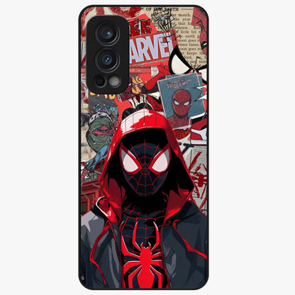 Spider Collage Street Glass Case showing flat back view with vibrant superhero collage artwork and glossy glass finish.