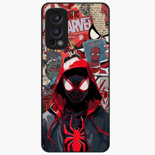 Spider Collage Street Glass Case showing flat back view with vibrant superhero collage artwork and glossy glass finish.