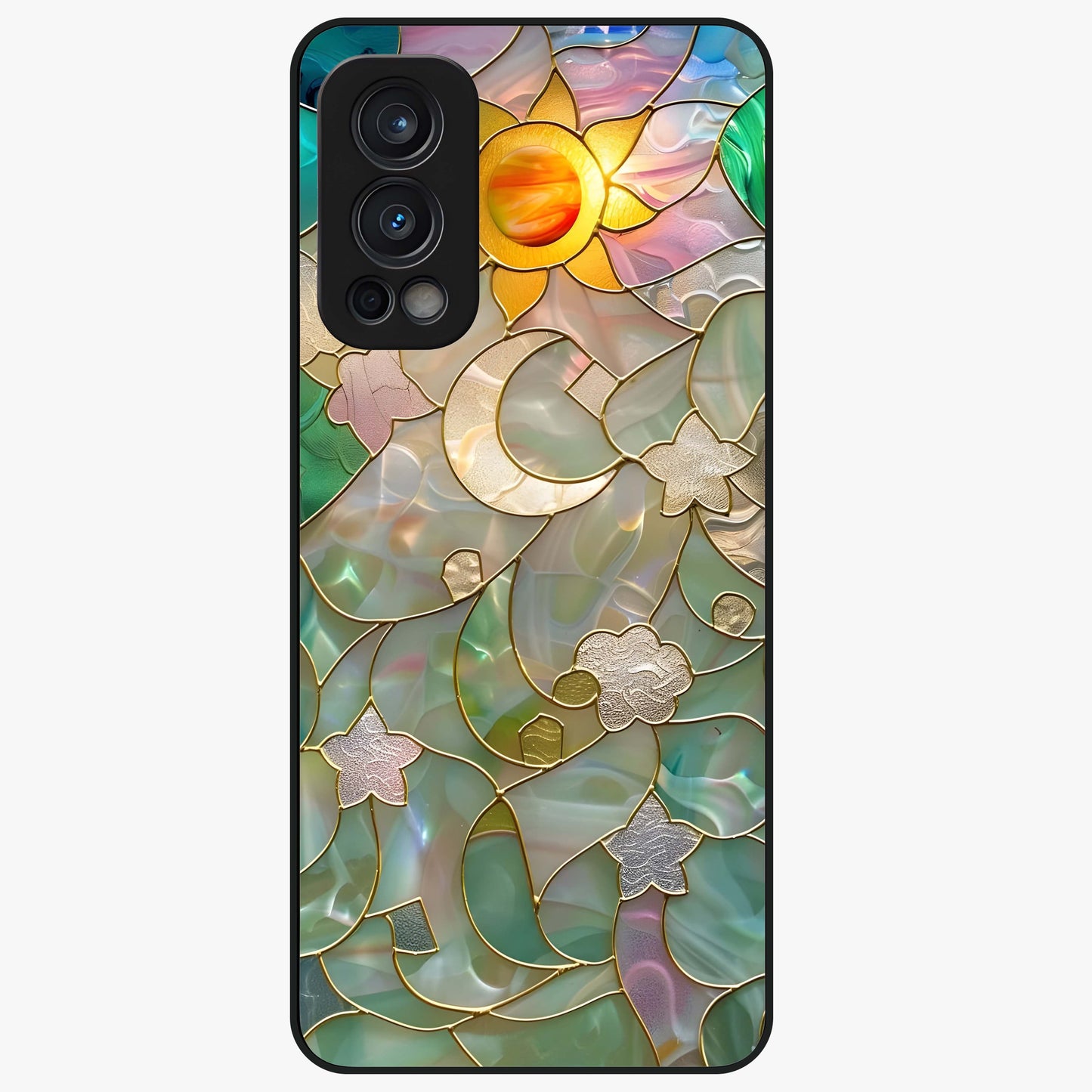 Stained Sunrise Glow Glass Case showing flat back view with glowing sunrise stained pattern artwork and glossy glass finish.