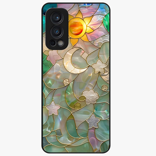 Stained Sunrise Glow Glass Case showing flat back view with glowing sunrise stained pattern artwork and glossy glass finish.