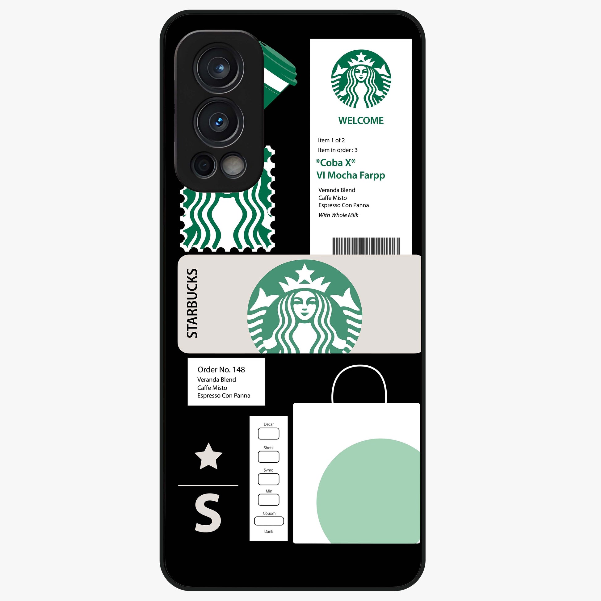 Starbucks Mocha Glass Case showing flat back view with coffee inspired artwork and glossy glass finish.