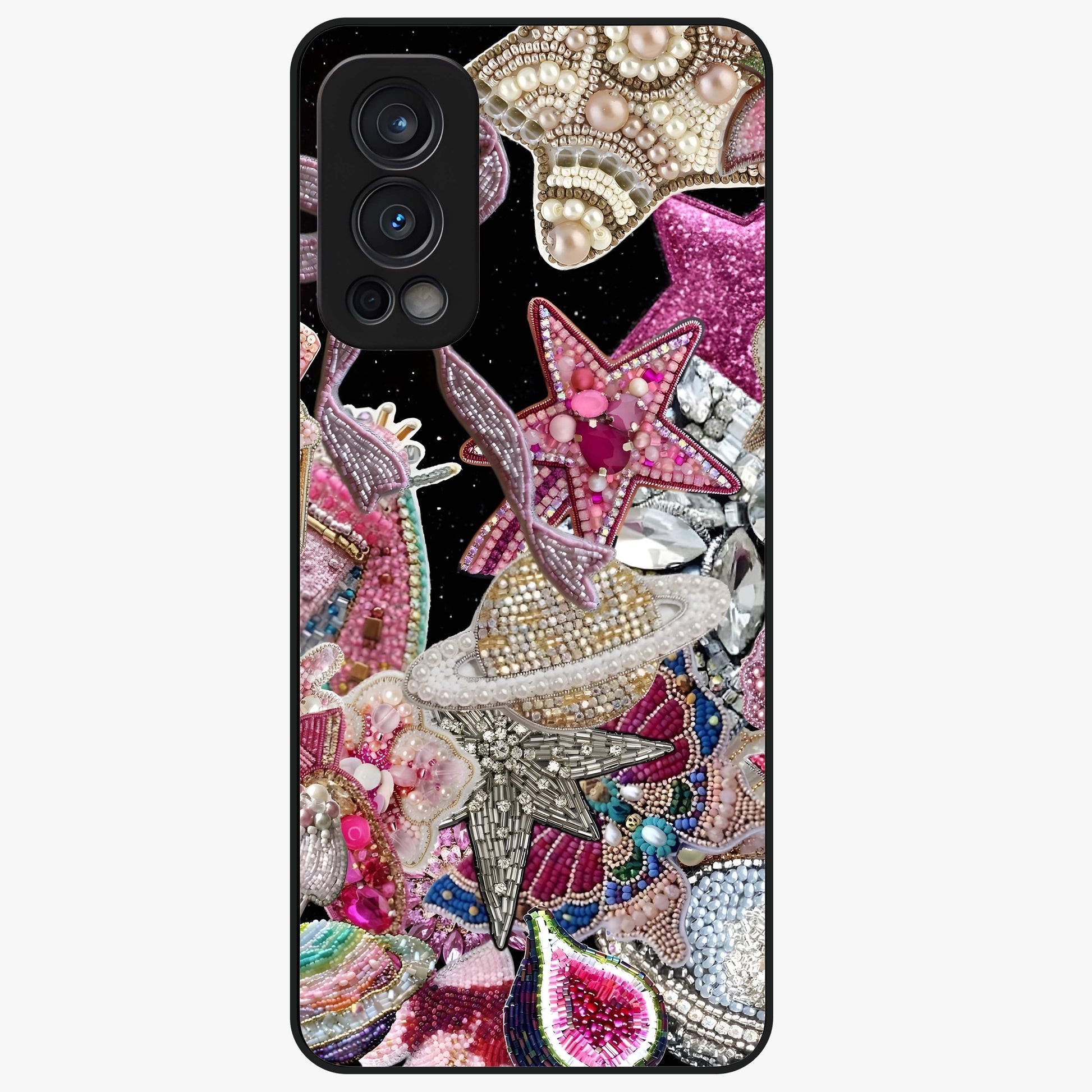Starlit Jewel Dream Glass Case showing flat back view with sparkling jewel and star themed artwork and glossy glass finish.