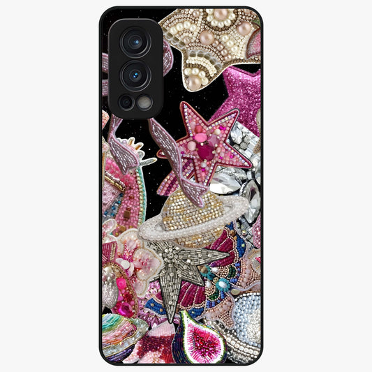 Starlit Jewel Dream Glass Case showing flat back view with sparkling jewel and star themed artwork and glossy glass finish.