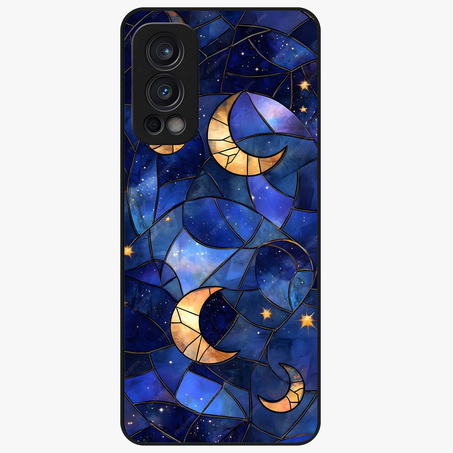 Starlit Sky Tapestry Glass Case showing flat back view with decorative starry sky tapestry artwork and glossy glass finish.
