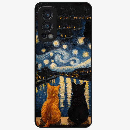 Starry River Cats Glass Case showing flat back view with cats by a starry river artwork and glossy glass finish.