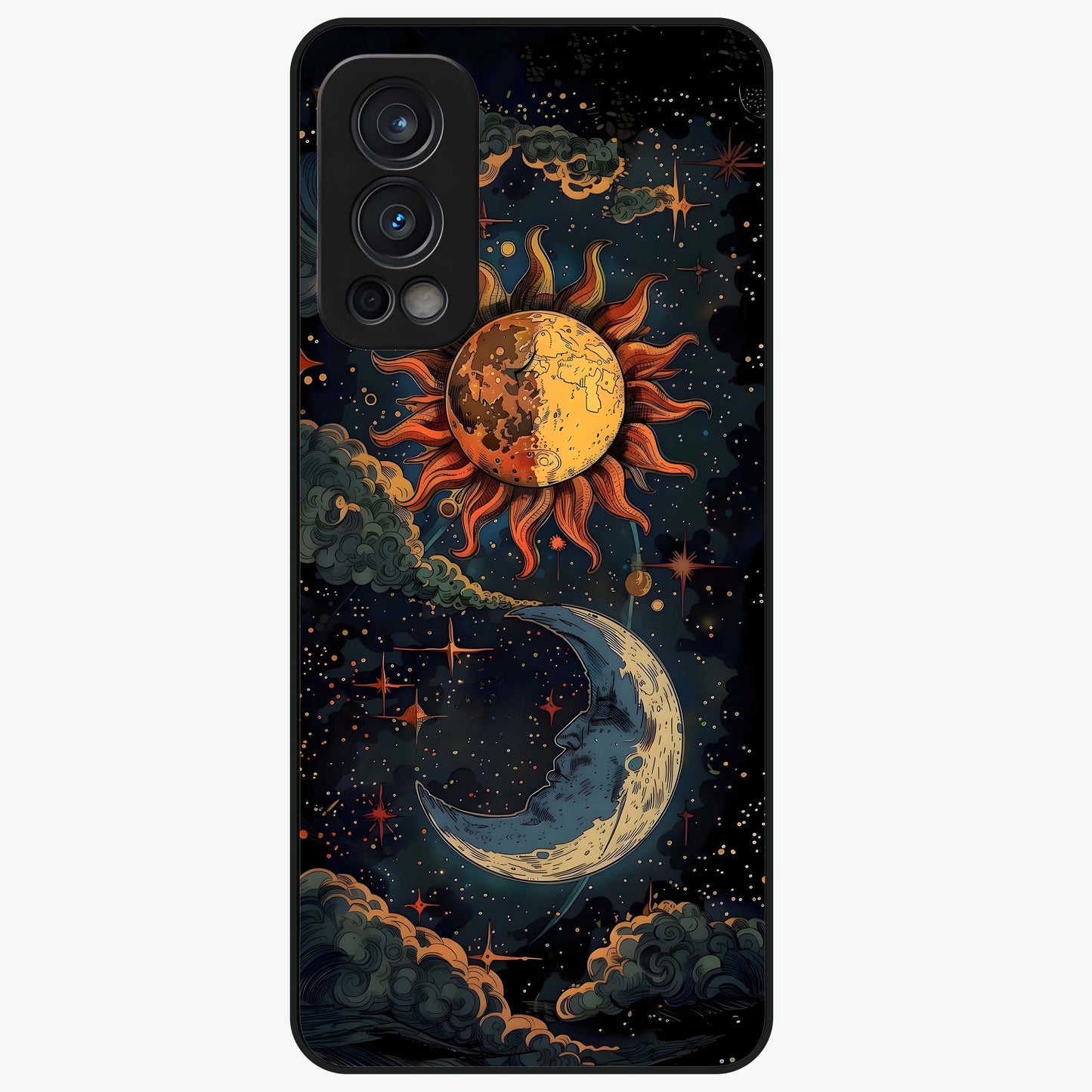 Sun And Moon Magic Design Glass Case showing flat back view with mystical sun and moon artwork and glossy glass finish.